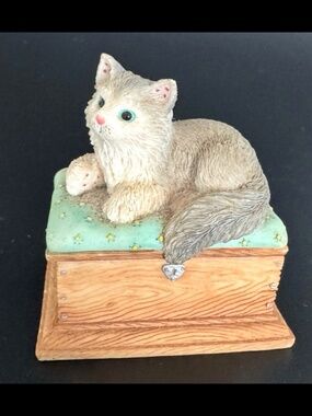 Calico Kittens Wooden Trinket Box Resin Cat Lid Enesco 2000 Hopes And Dreams 2in